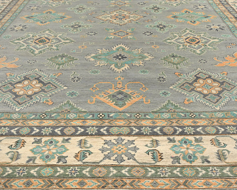 10x13 Gray Kuba Afghan Hand Knotted Wool Area Rug